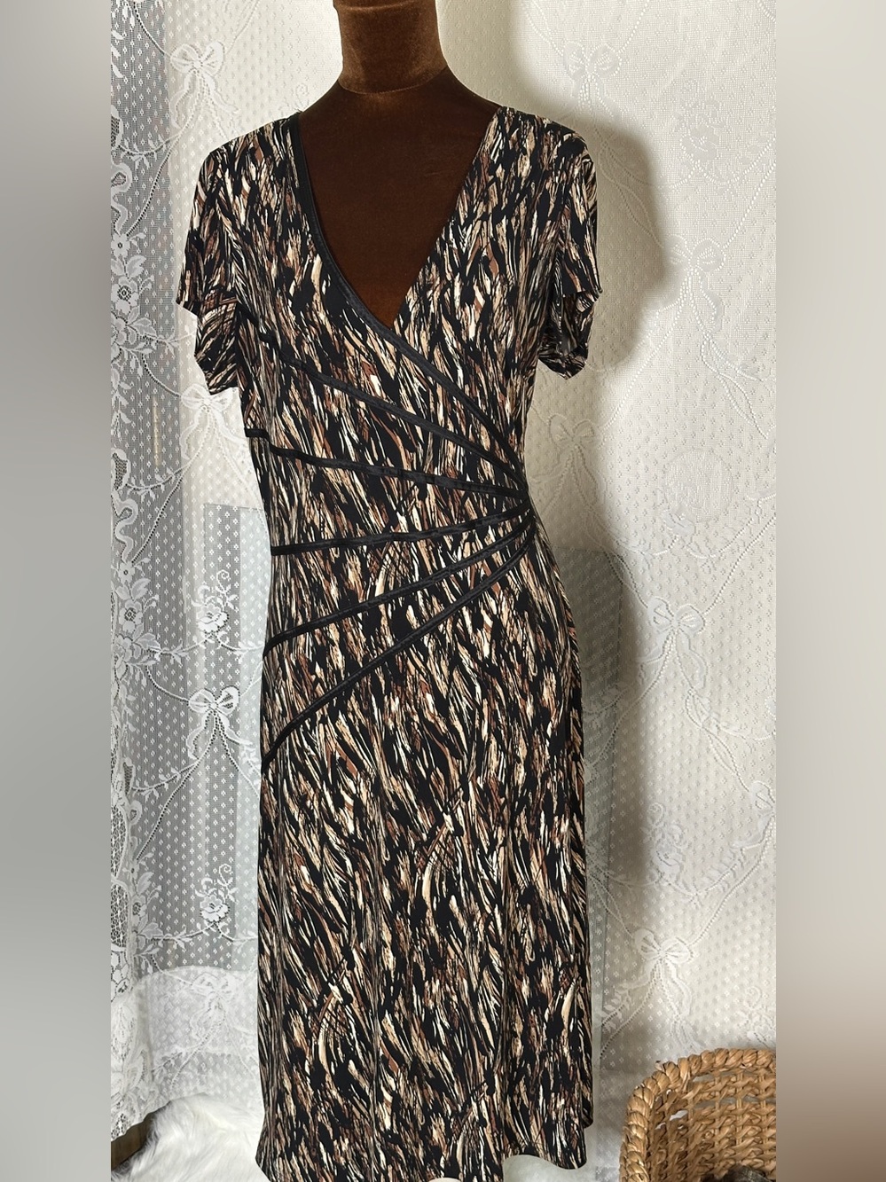 connected apparel Brown Black Patterned Faux-Wrap Dress